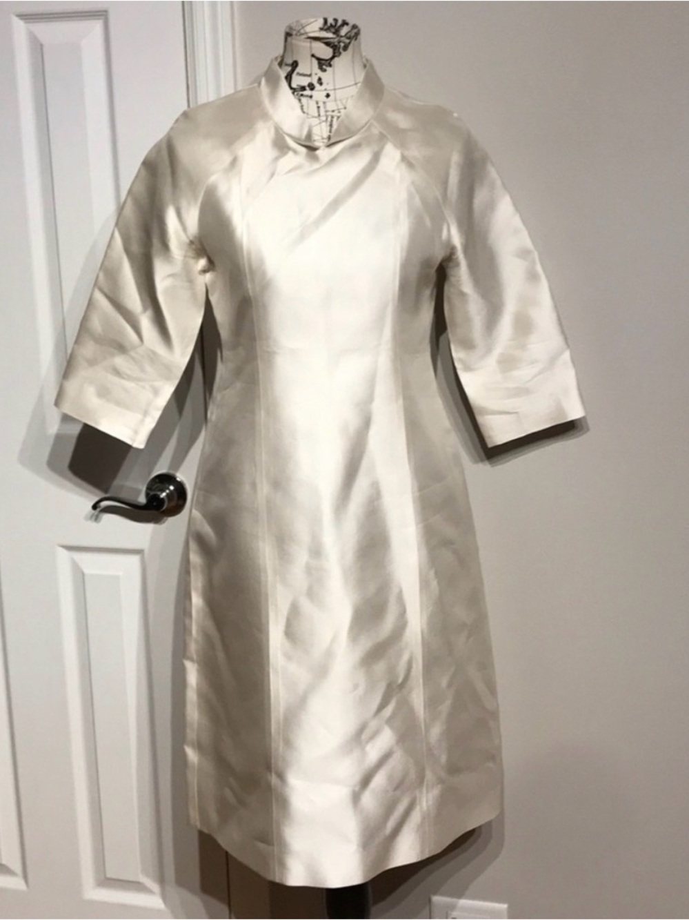 Silk Vintage Ivory A-line Midi Shirt Dress 3/4 sleeves Tunic Mock iridescent M